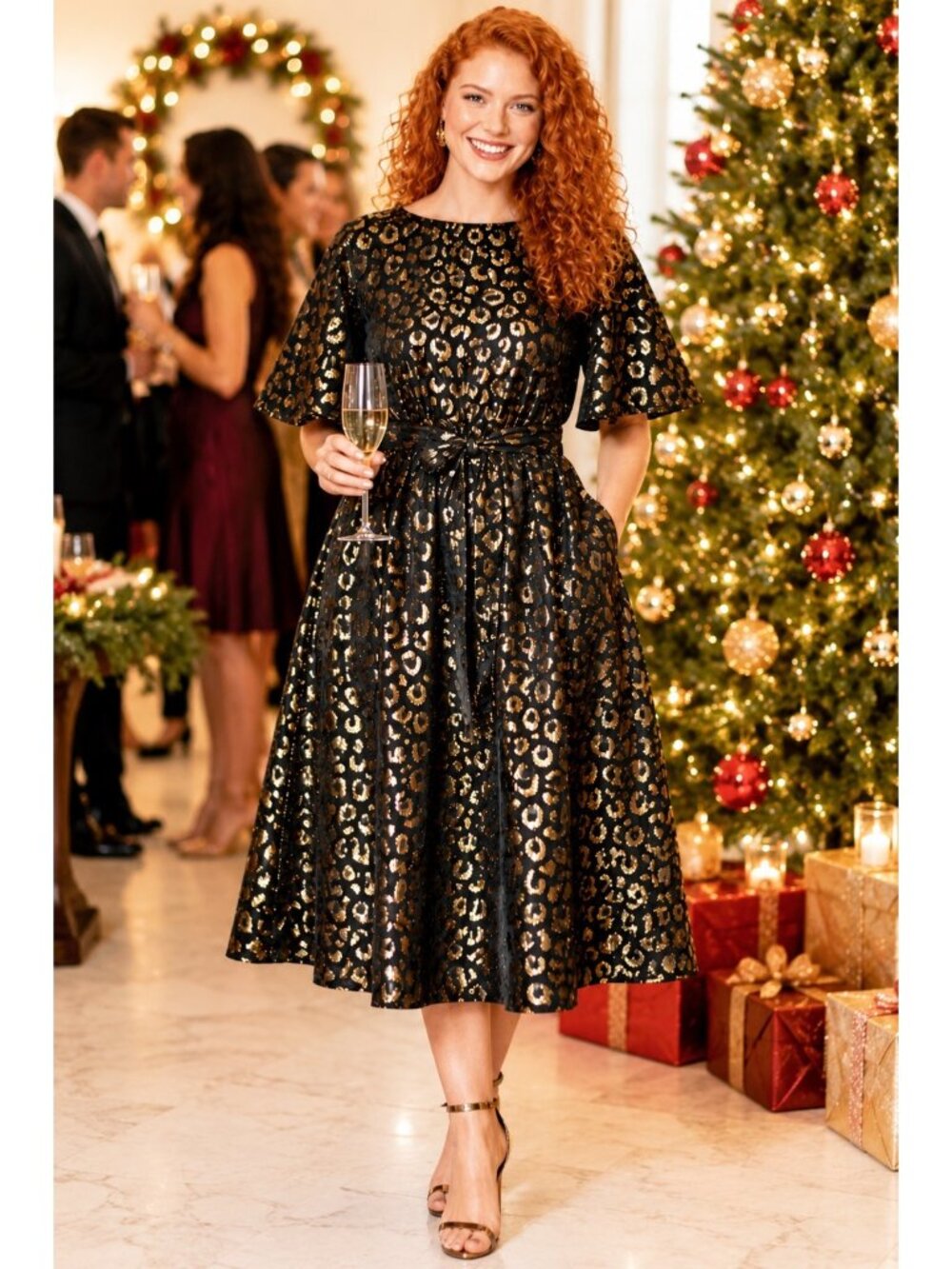 Kate Spade Leopard Metallic Black Gold Midi Dress Size 14 Holiday